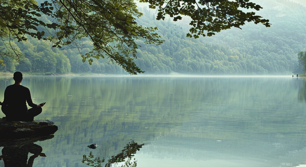 Tranquil image of an individual meditating by a lake, illustrating the power of mindfulness as a natural method for handling depression without medication.