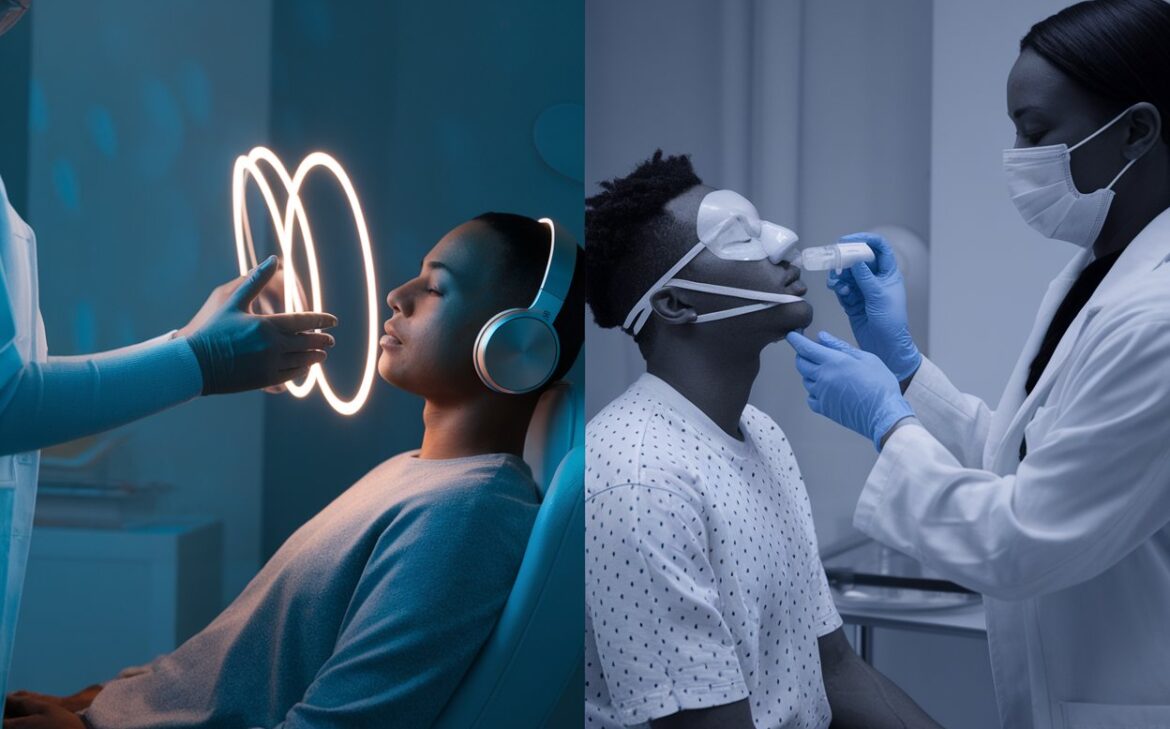 comparing two advanced depression treatments on one side, a person calmly undergoing TMS therapy with magnetic coils near the head