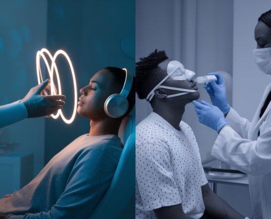 comparing two advanced depression treatments on one side, a person calmly undergoing TMS therapy with magnetic coils near the head