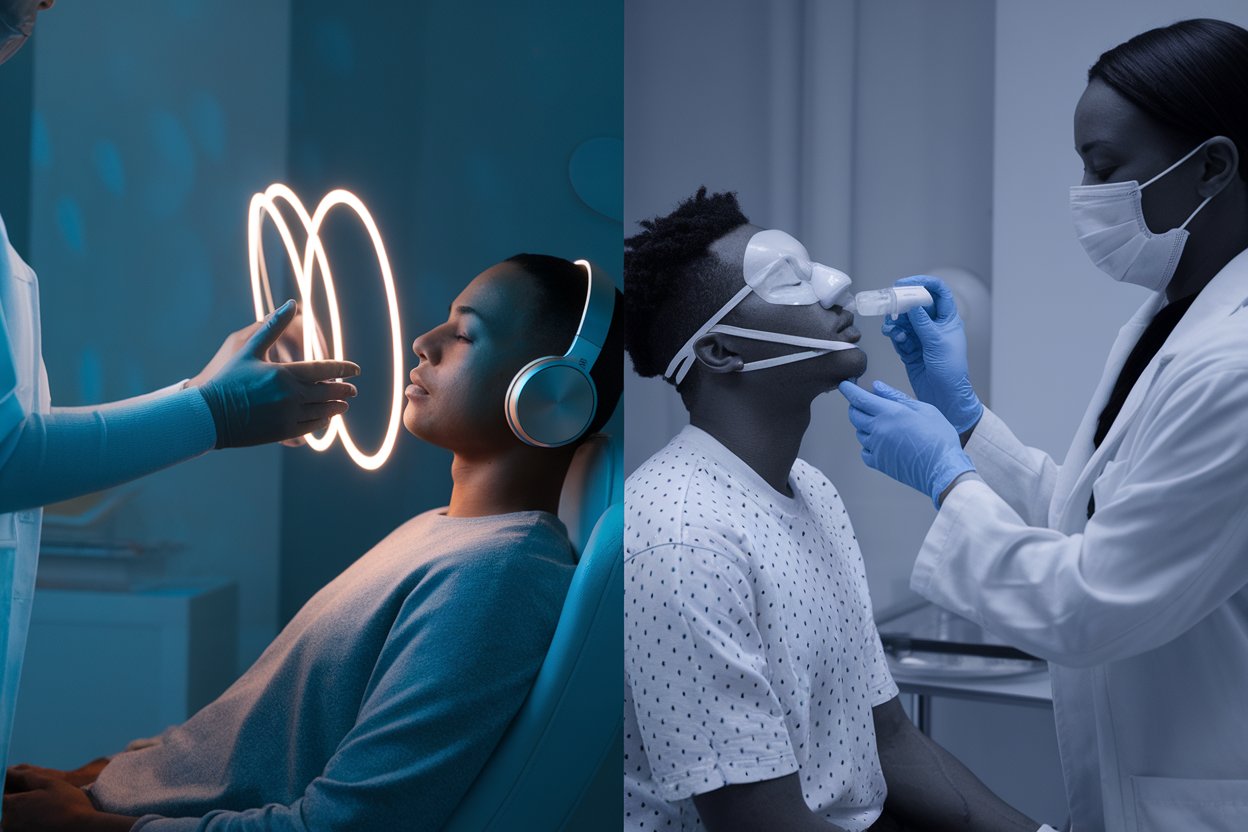 comparing two advanced depression treatments on one side, a person calmly undergoing TMS therapy with magnetic coils near the head